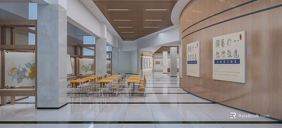Modern Exhibition Hall Interior With Wooden Ceiling Tables Chairs And Marble Floor 3d model 