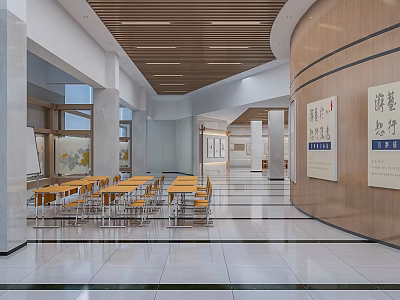 Modern Exhibition Hall Interior With Wooden Ceiling Tables Chairs And Marble Floor 3d model