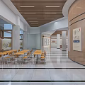 Modern Exhibition Hall Interior With Wooden Ceiling Tables Chairs And Marble Floor