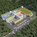 Modern School Building Campus with Classroom Buildings Green Trees Sports Field and Parking Lot