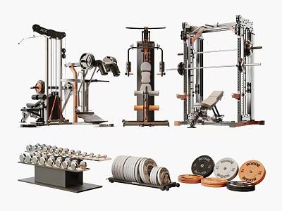 Professional Fitness Equipment Collection Including Multi station Trainer Dumbbells Barbells And Weight Plates 3d model