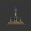 Ornate Decorative Household Fountain With Blue Water Flow Golden Accents And Stone Brick Base