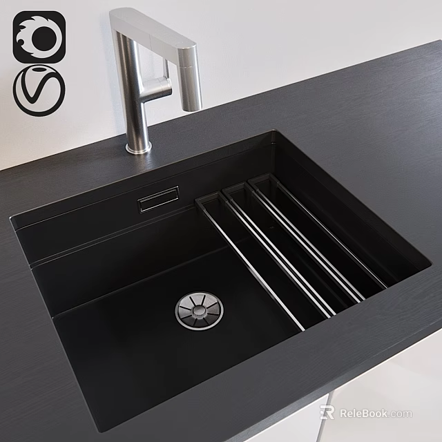 Black Kitchen Sink With Stainless Steel Drainage Rack And Modern Faucet Design 3d model 