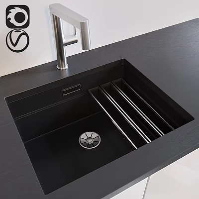 Black Kitchen Sink With Stainless Steel Drainage Rack And Modern Faucet Design 3d model