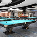 Modern Billiard Room Interior With Tables Lighting Bar Counter Blue Gray Carpet And Comfortable Seating