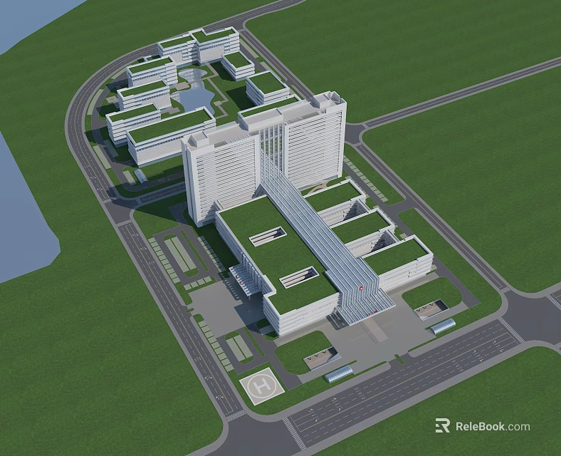 Modern Hospital Building Design With Green Roofs Glass Corridor And Surrounding Greenery 3d model 