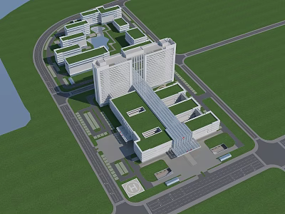 Modern Hospital Building Design With Green Roofs Glass Corridor And Surrounding Greenery 3d model