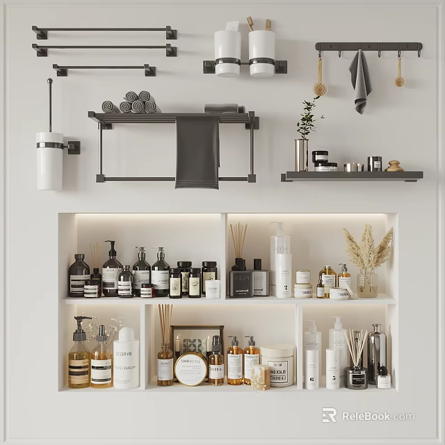 Well Organized Bathroom Accessories Storage In Bathroom With Shelves And Toiletries 3d model 