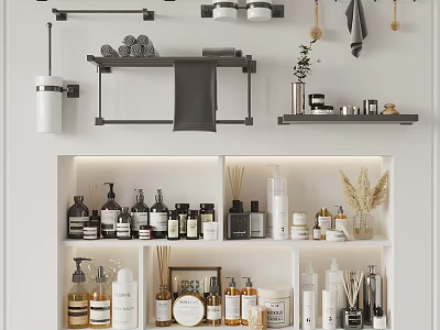 Well Organized Bathroom Accessories Storage In Bathroom With Shelves And Toiletries 3d model