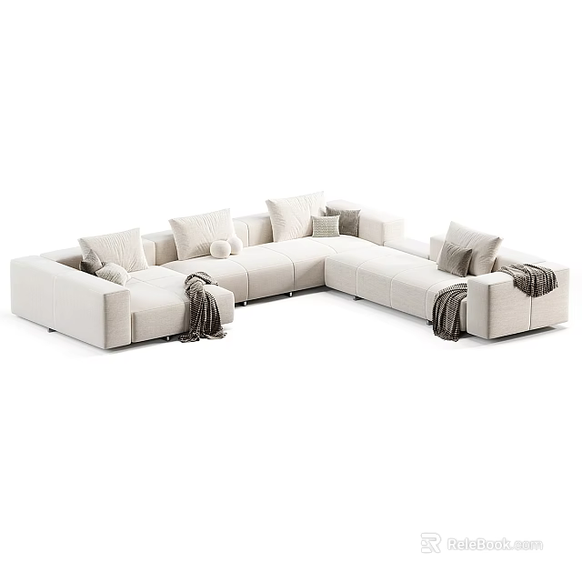 White Sectional Sofa With Multiple Pillows And Cozy Blankets In Modern Style 3d model
