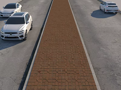 Road Infrastructure With Central Brick Paved Strip Between Traffic Lanes And Cars 3d model