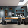 Modern Open Concept Living Dining Area With Wooden Table Floor to Ceiling Windows and Staircase