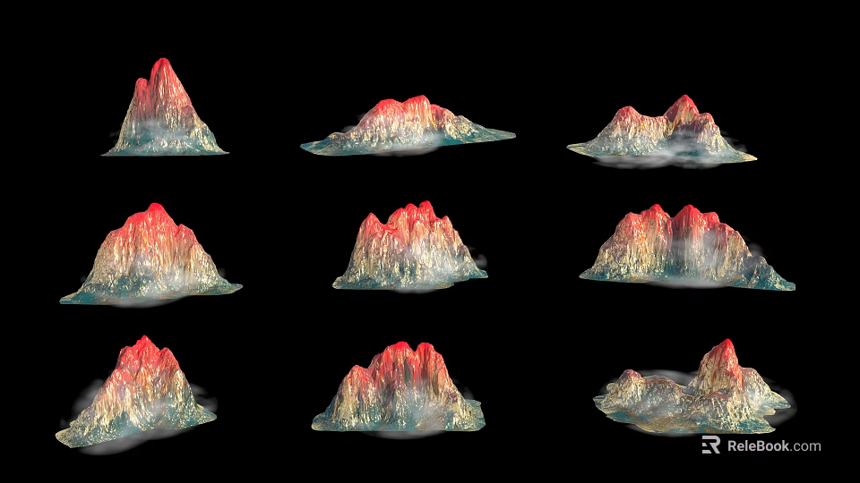 Stunning Red and Gold Mountain Scenery with Misty Clouds and Arranged Peaks 3d model 