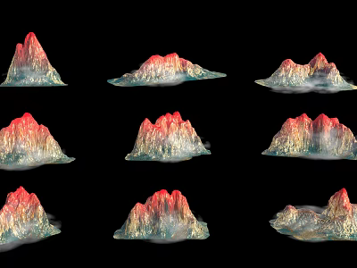 Stunning Red and Gold Mountain Scenery with Misty Clouds and Arranged Peaks 3d model