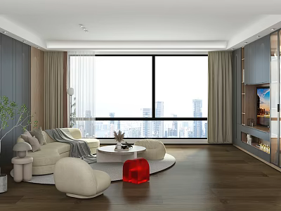 Modern Spacious Bright Living Room With Panoramic City View And Comfortable Soft Home Furniture 3d model