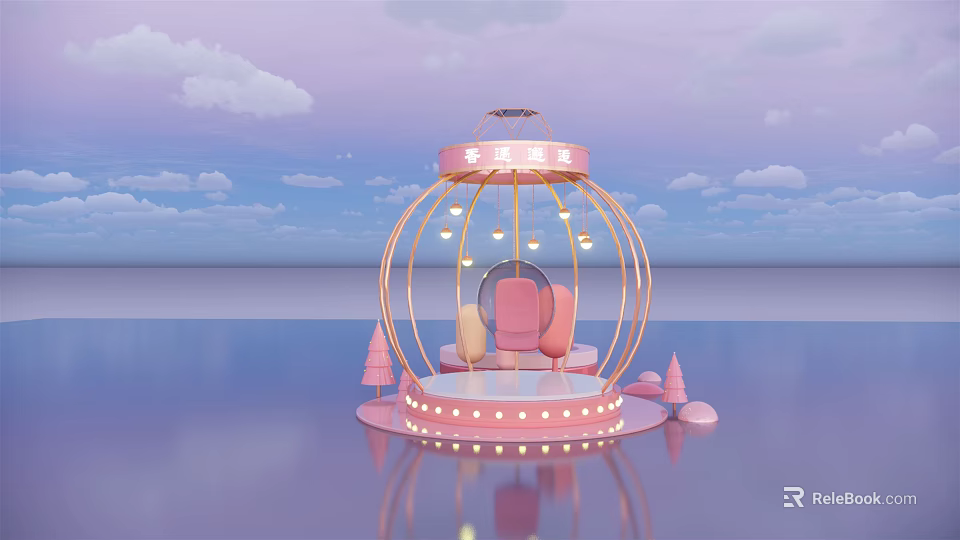 Pink Circular Decorative Structure With Hanging Lights Small Trees And Water Reflection Under Sky 3d model
