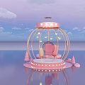 Pink Circular Decorative Structure With Hanging Lights Small Trees And Water Reflection Under Sky 3d model