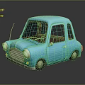 Cartoon Blue Car with Adorable Design and 3D Model Reflection on Black Surface