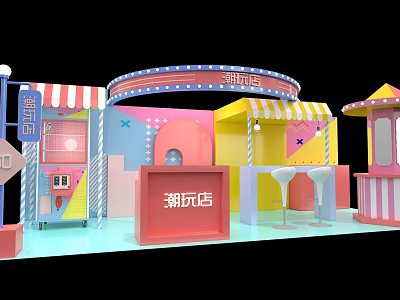 Vibrant Trendy Toy Store Exterior With Colorful Buildings Awning And Bar Counter 3d model