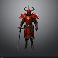 Red Fantasy Warrior Armor With Flame Design Horned Helmet And Sword