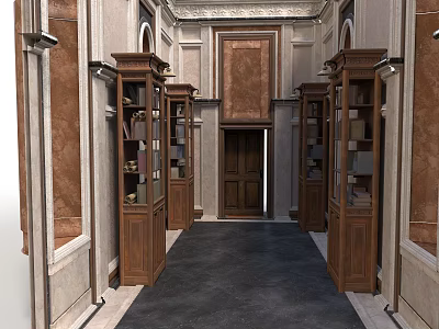 Classical Hallway Interior With Wooden Display Cabinets Decorative Walls Carved Ceiling And Dark Floor 3d model