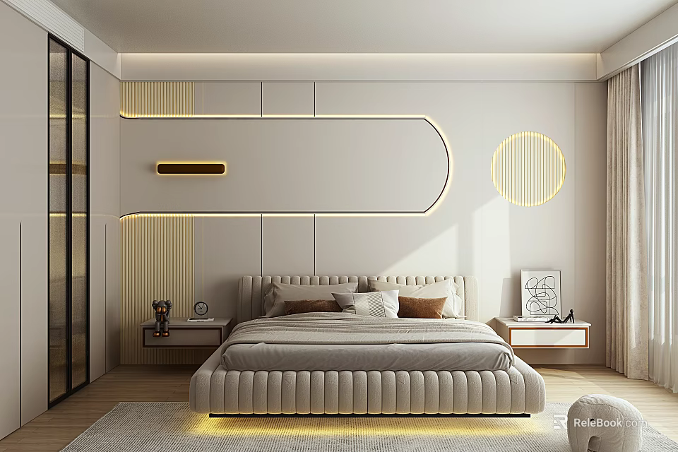 Modern Bedroom Interior With Upholstered Bed Accent Wall Lighting And Nightstands 3d model 