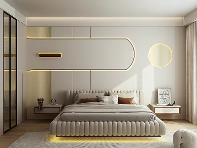 Modern Bedroom Interior With Upholstered Bed Accent Wall Lighting And Nightstands 3d model