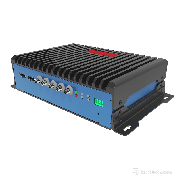 Industrial Embedded Device With Black Blue Casing Heat Sink Stripes Indicator Lights And Interfaces 3d model 