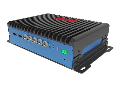 Industrial Embedded Device With Black Blue Casing Heat Sink Stripes Indicator Lights And Interfaces 3d model