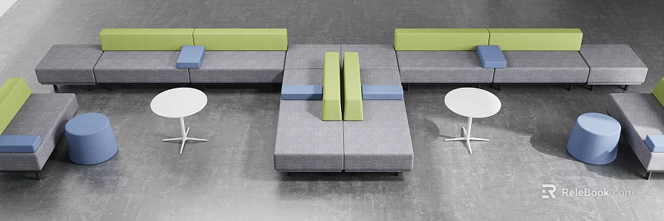 Modern Gray Green Blue Modular Sofa And Coffee Table Set With White Round Tables 3d model 