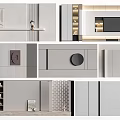 Modern Gray TV Background Cabinet Design With Storage Shelves And Circular Accent