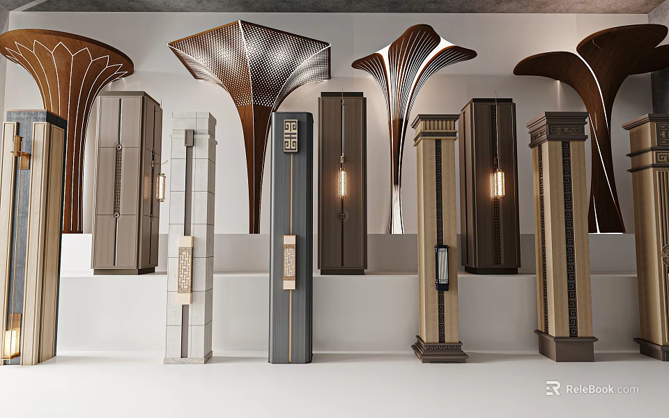 Various Decorative Columns Featuring Fan Shaped Tops And Diverse Design Details On 3d model 