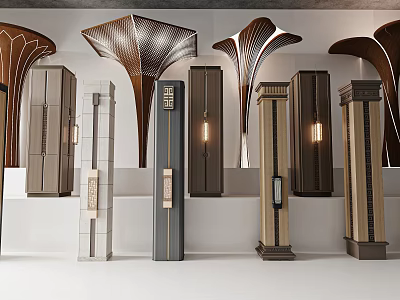 Various Decorative Columns Featuring Fan Shaped Tops And Diverse Design Details On 3d model