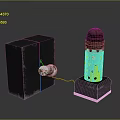 Futuristic Black Cube and Cylindrical Tower With Glowing Blue Light and Connecting Wire