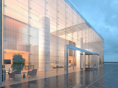 Bright Modern Hotel Lobby With Glass Facade Columns Interior And Sofa 3d model