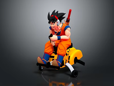 Goku With Black Hair And Orange Outfit Sitting On Yellow Mount With Red Staff 3d model