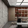 Traditional Tea Room Interior Design With Wooden Bookshelves Stone Wall Skylight Green Plants And Hanging Painting