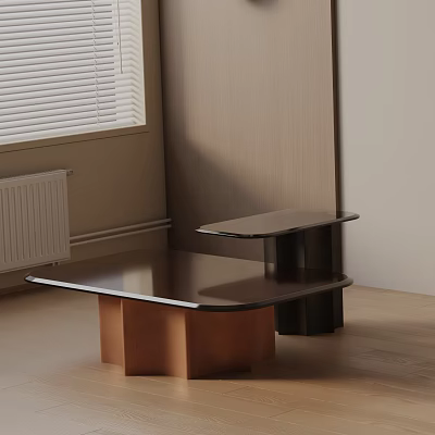 Modern Sofa and Coffee Table Set with Sleek Surface and Contrasting Bases in Living Room 3d model