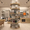 Shopping Mall Retail Store Interior With Wooden Shelves Display Counter And Packaged Products