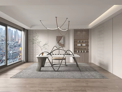 Modern Study Room Interior With Large Window City View Wooden Desk And Chandelier 3d model