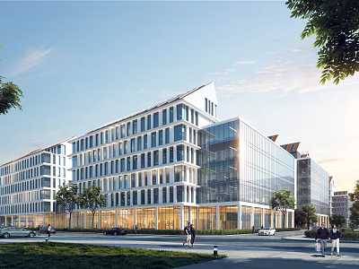 Modern School Building With Glass Curtain Walls Contemporary Design Trees And Pedestrians Around 3d model