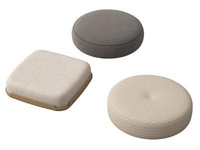 Modern Round And Square Floor Cushions In Gray And Beige Woven Fabric 3d model