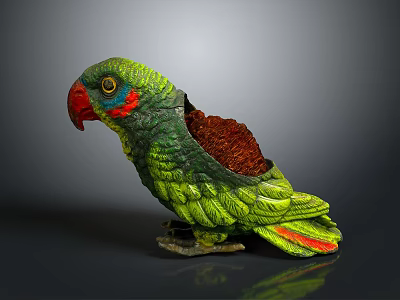 Decorative Green Red Brown Parrot Sculpture with Detailed Feather Texture on Shiny Display Base 3d model
