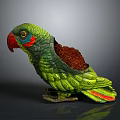 Decorative Green Red Brown Parrot Sculpture with Detailed Feather Texture on Shiny Display Base