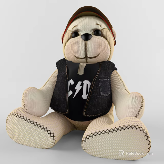 Knitted Doll with Red Hat Black Vest ACDC Logo Denim Trim Texture and Stitched Details 3d model 