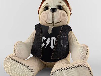 Knitted Doll with Red Hat Black Vest ACDC Logo Denim Trim Texture and Stitched Details 3d model
