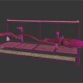 Decorative Wicker Broom on Display Platform With Ornate Base Pink Mats and Metal Frame