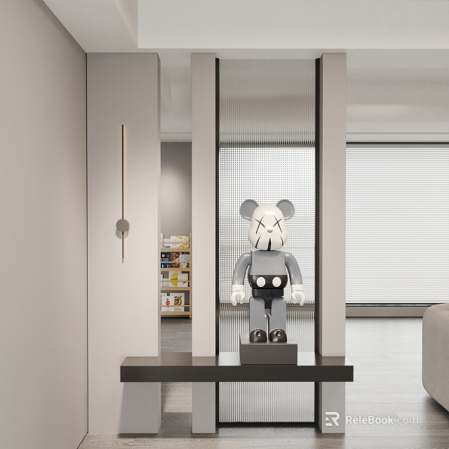 Modern Glass Partition In Interior With Sculpture On Shelf And Bookshelf Background 3d model 