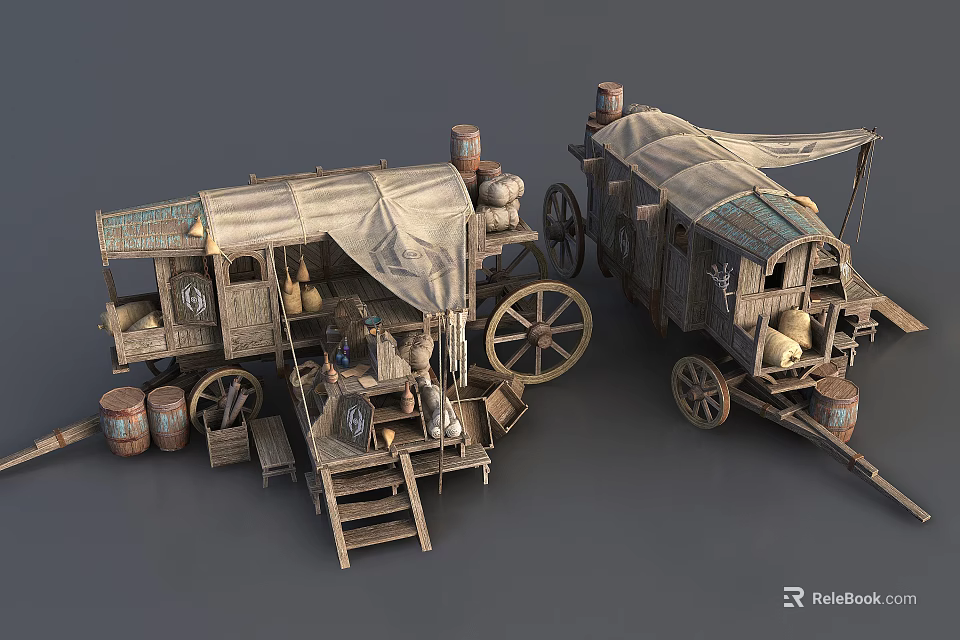 Vintage Wooden Wagons With Canvas Covers And Surrounding Clay Pots And Barrels 3d model 