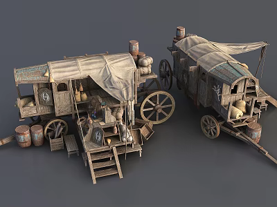 Vintage Wooden Wagons With Canvas Covers And Surrounding Clay Pots And Barrels 3d model